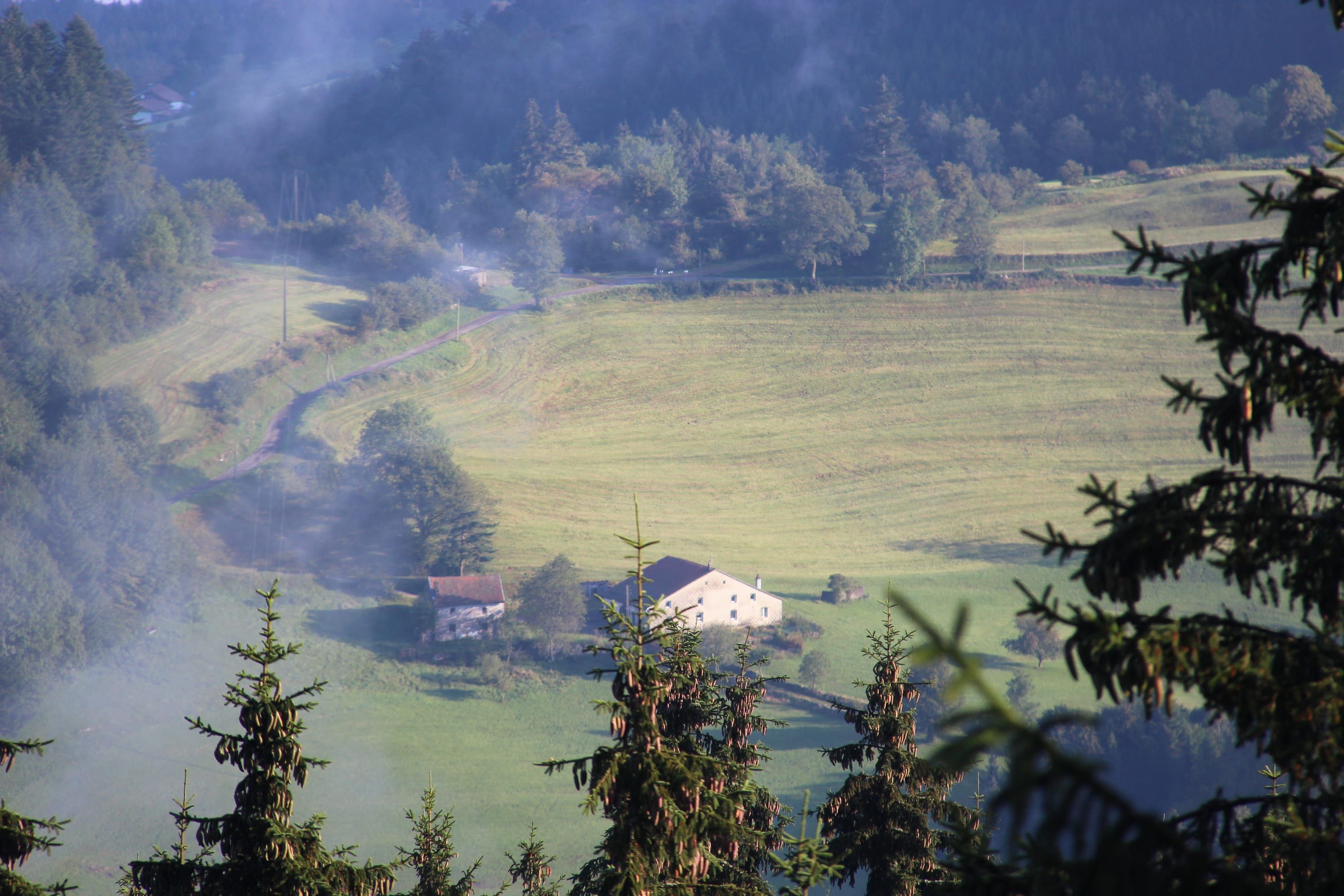 Brume du matin sur les fermes de la vallée